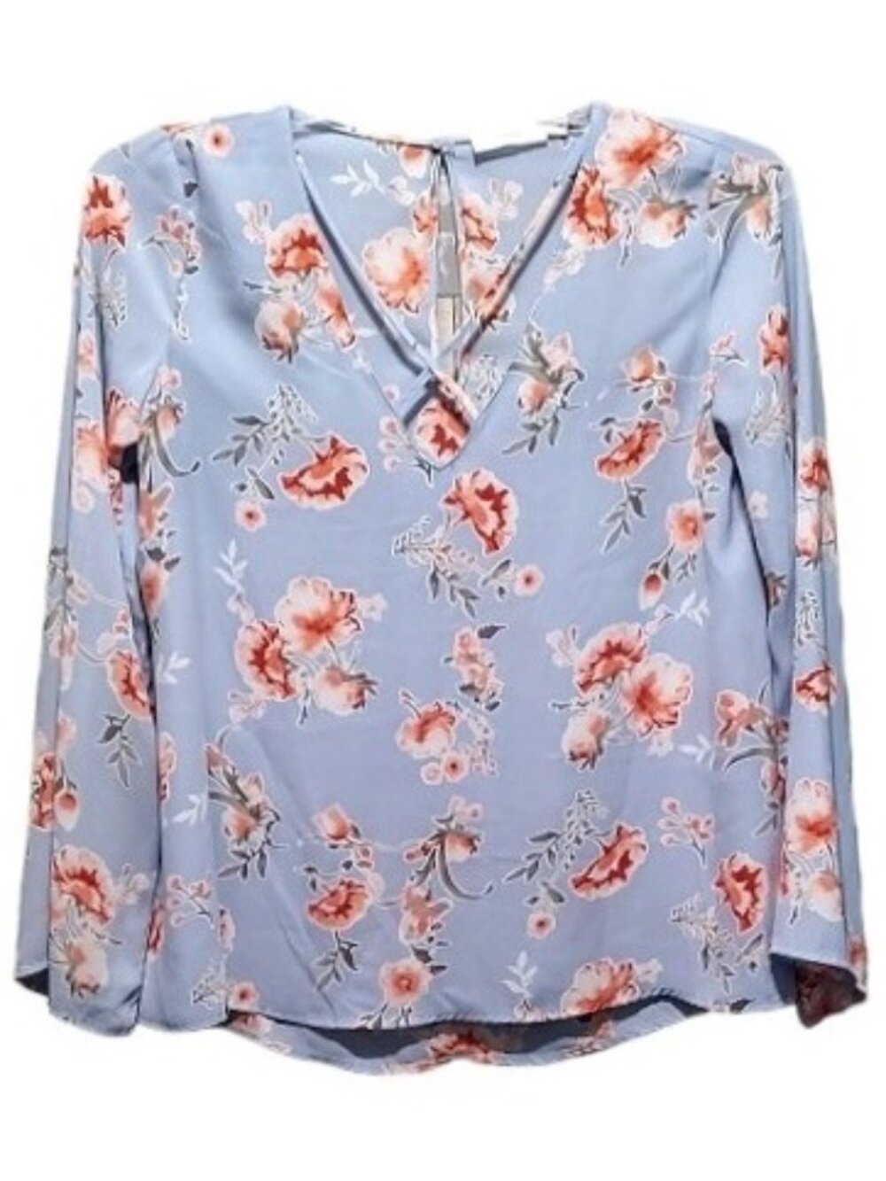 Lush brand Sky Blue Pink Floral V-neck Cutout Straps L-Sleeve Top Blouse Small